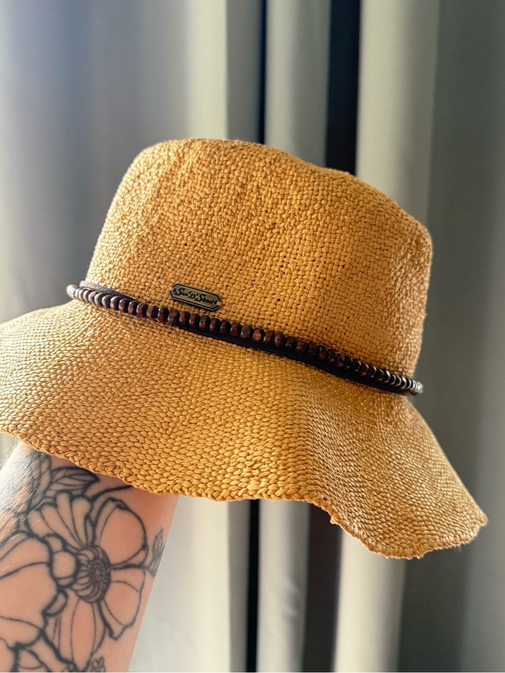 Straw Sun Hat with Beaded Band in Mustard Yellow